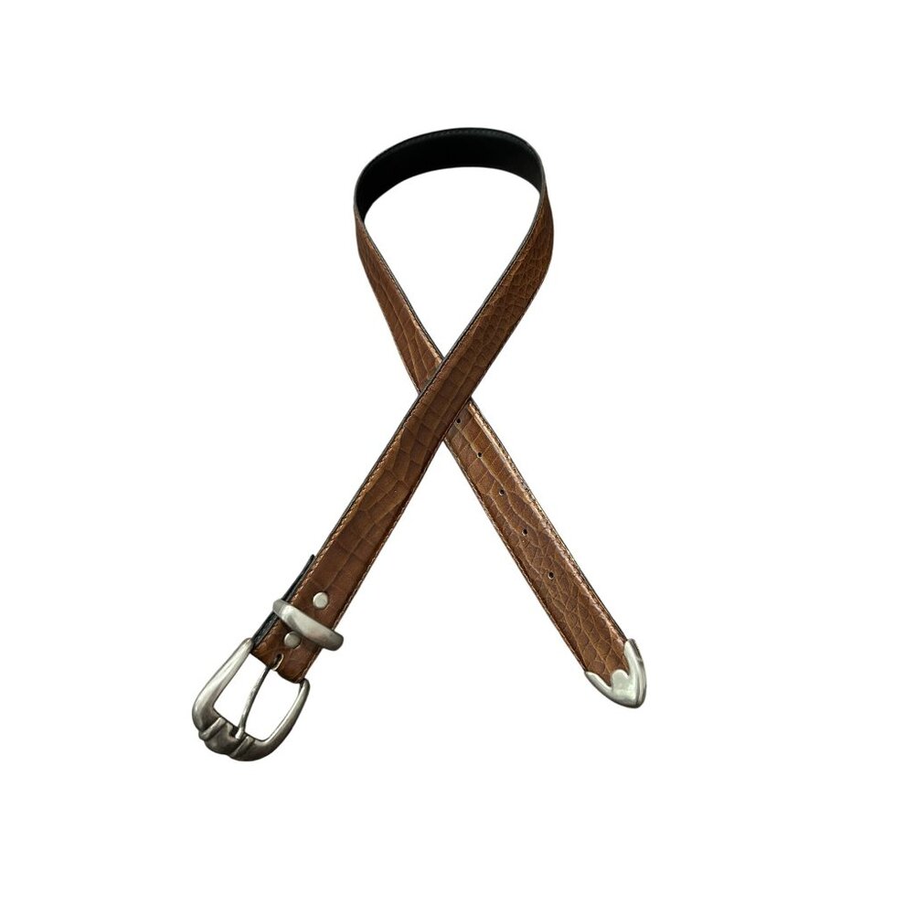 Croc Faux Leather Belt Brown Sz 10 Adjustable Single Prong Silver Buckle